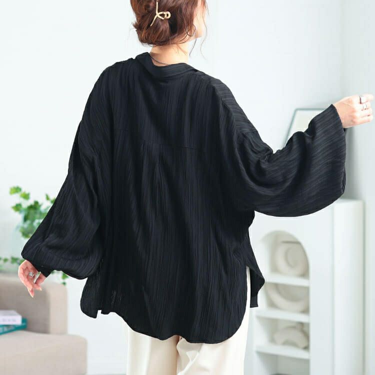 大きいサイズ レディース 楊柳風ジャガードボリュームスリーブシャツ　maru-30166 【メール便可】