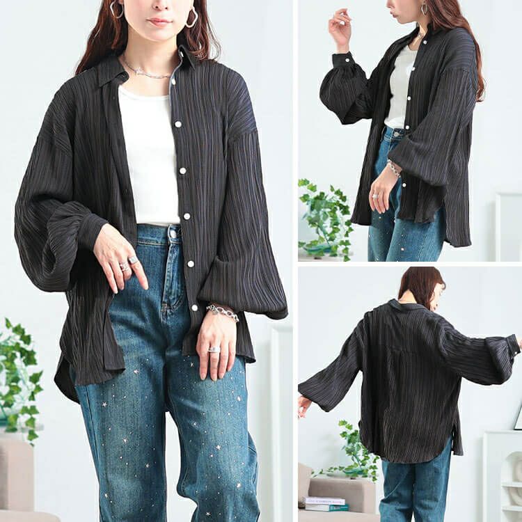 大きいサイズ レディース 楊柳風ジャガードボリュームスリーブシャツ　maru-30166 【メール便可】