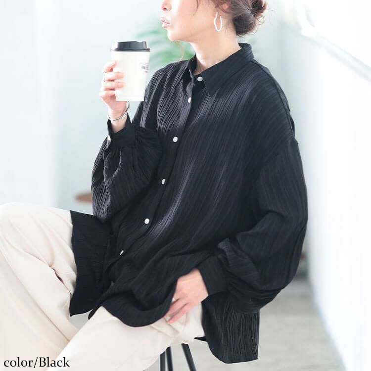 大きいサイズ レディース 楊柳風ジャガードボリュームスリーブシャツ　maru-30166 【メール便可】 ブラック