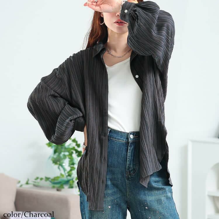 大きいサイズ レディース 楊柳風ジャガードボリュームスリーブシャツ　maru-30166 【メール便可】 チャコール