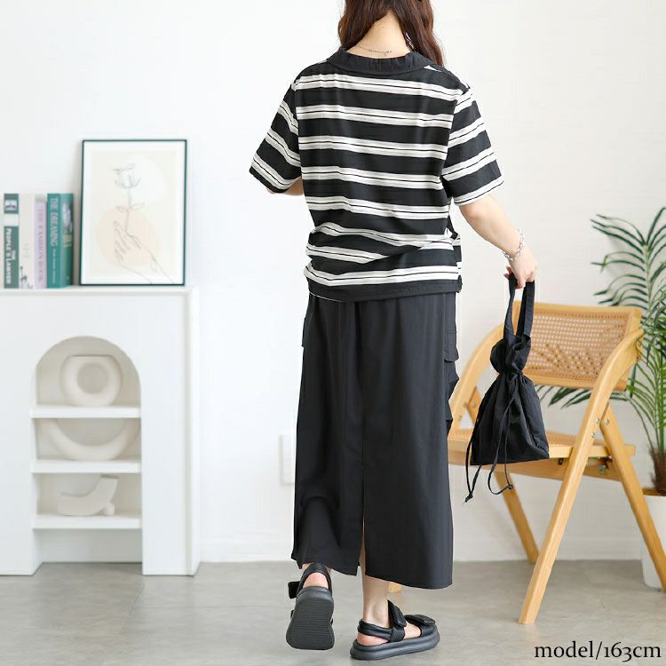 大きいサイズ レディース キーネックポロT＆ミリタリーロングスカートセット　goldy-1727