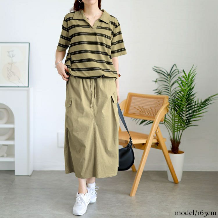 大きいサイズ レディース キーネックポロT＆ミリタリーロングスカートセット　goldy-1727
