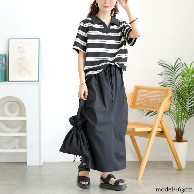 大きいサイズ レディース キーネックポロT＆ミリタリーロングスカートセット　goldy-1727 ブラック