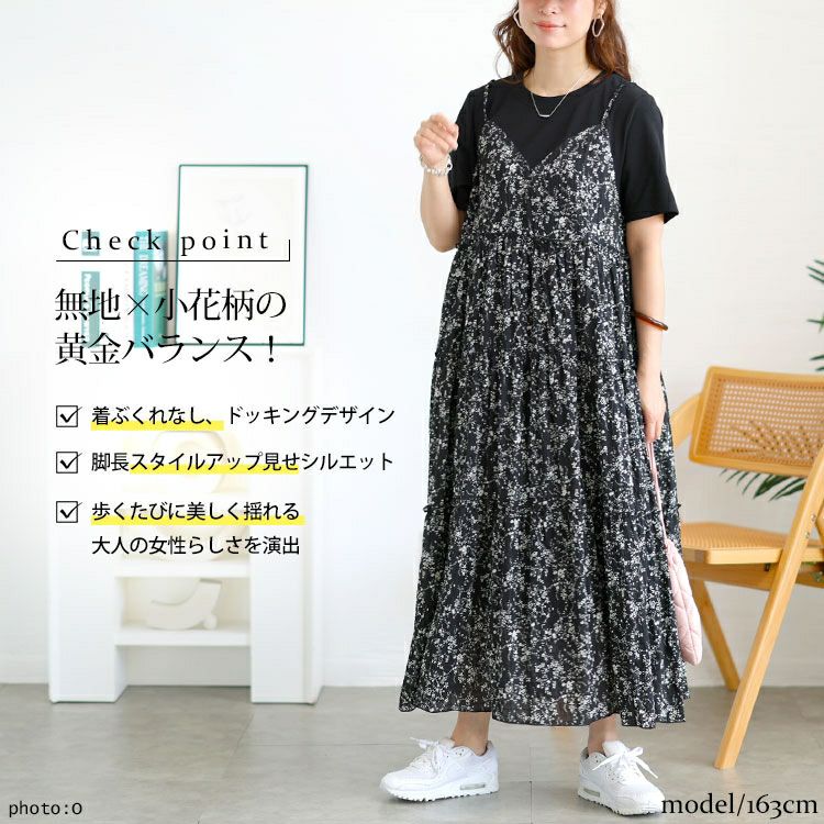 大きいサイズ レディース Tシャツドッキング小花柄ロングワンピース　goldy-1726