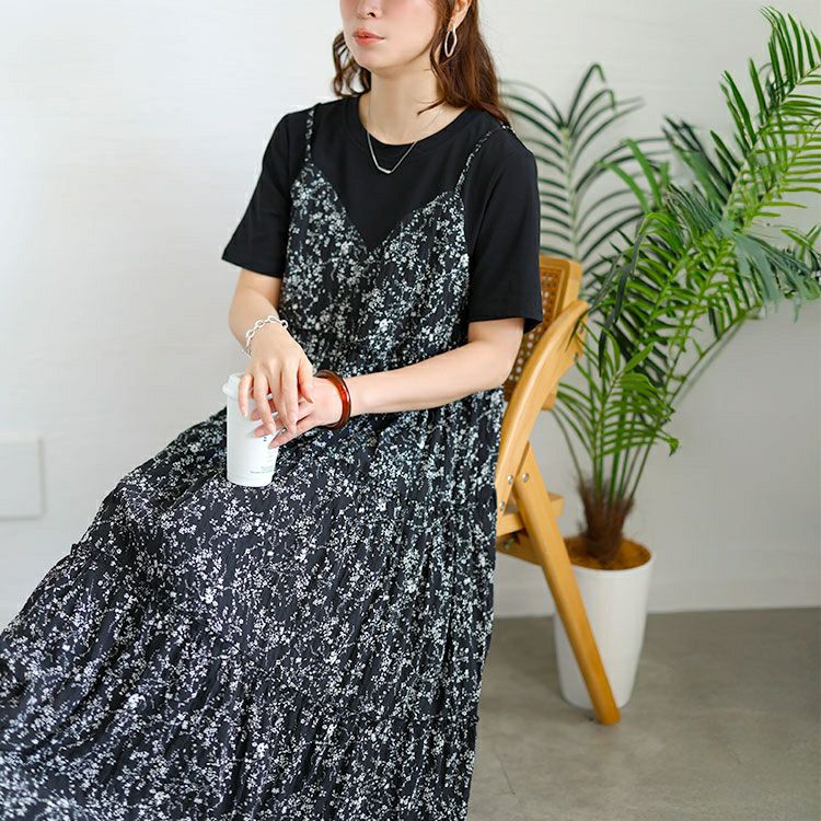 大きいサイズ レディース Tシャツドッキング小花柄ロングワンピース　goldy-1726