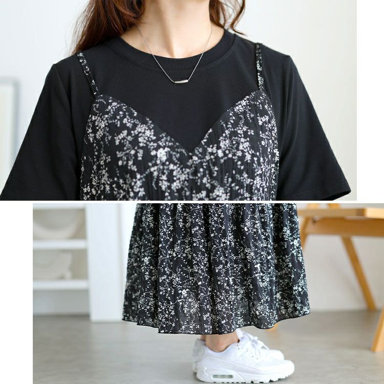 大きいサイズ レディース Tシャツドッキング小花柄ロングワンピース　goldy-1726