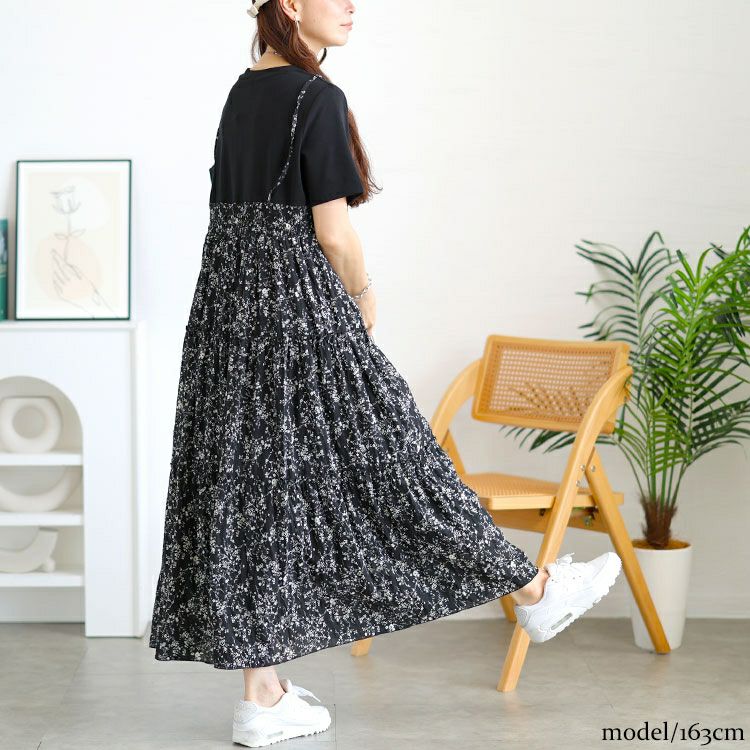 大きいサイズ レディース Tシャツドッキング小花柄ロングワンピース　goldy-1726