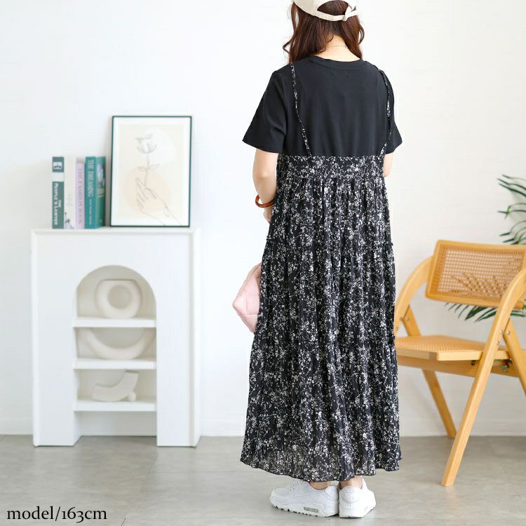 大きいサイズ レディース Tシャツドッキング小花柄ロングワンピース　goldy-1726