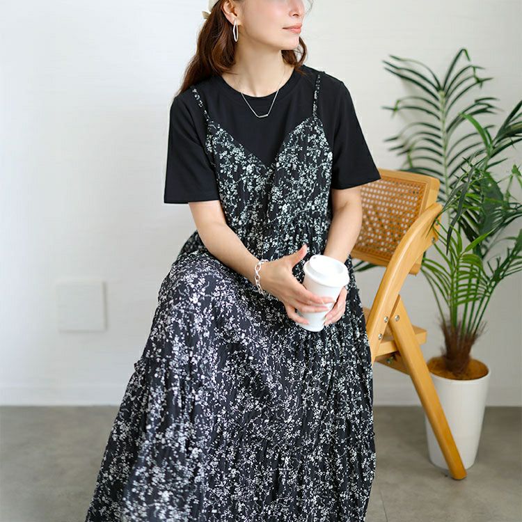 大きいサイズ レディース Tシャツドッキング小花柄ロングワンピース　goldy-1726