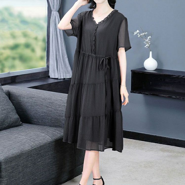 大きいサイズ レディース ウエストリボンシフォンティアードワンピース　goldy-1723【メール便可】