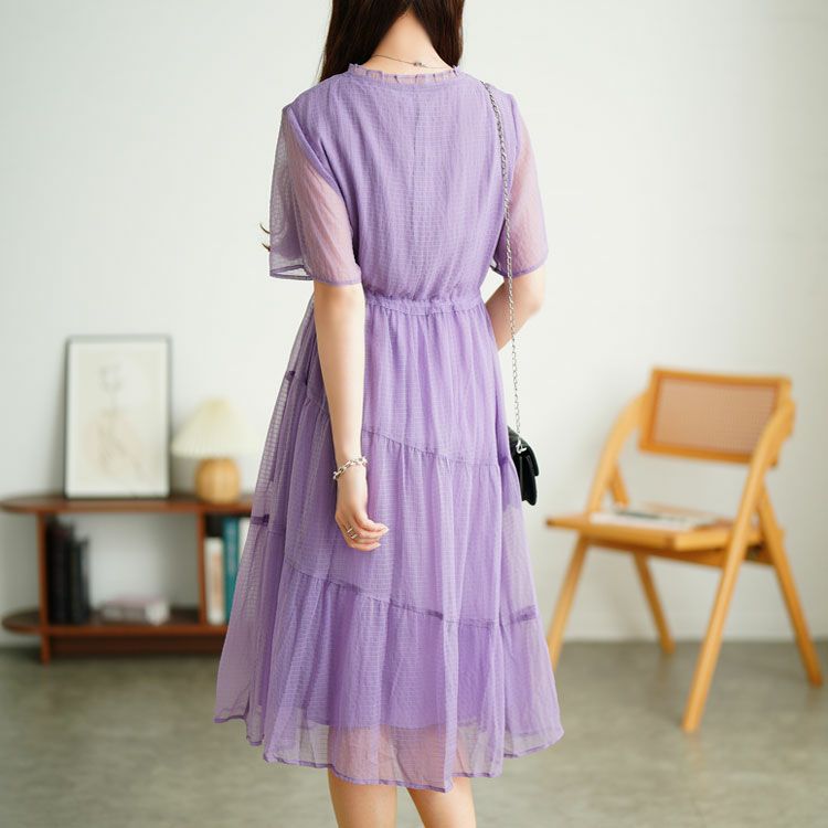 大きいサイズ レディース ウエストリボンシフォンティアードワンピース　goldy-1723【メール便可】