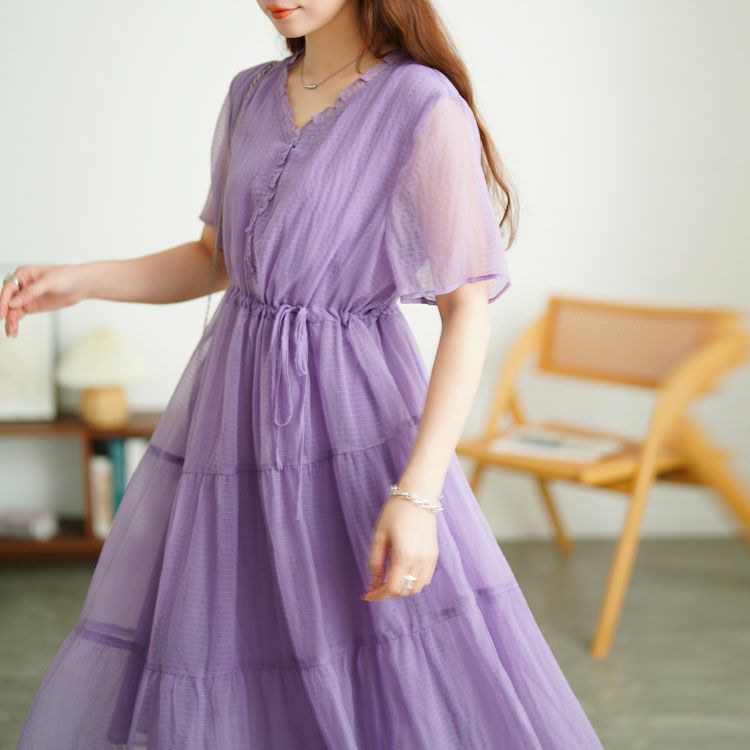 大きいサイズ レディース ウエストリボンシフォンティアードワンピース　goldy-1723【メール便可】