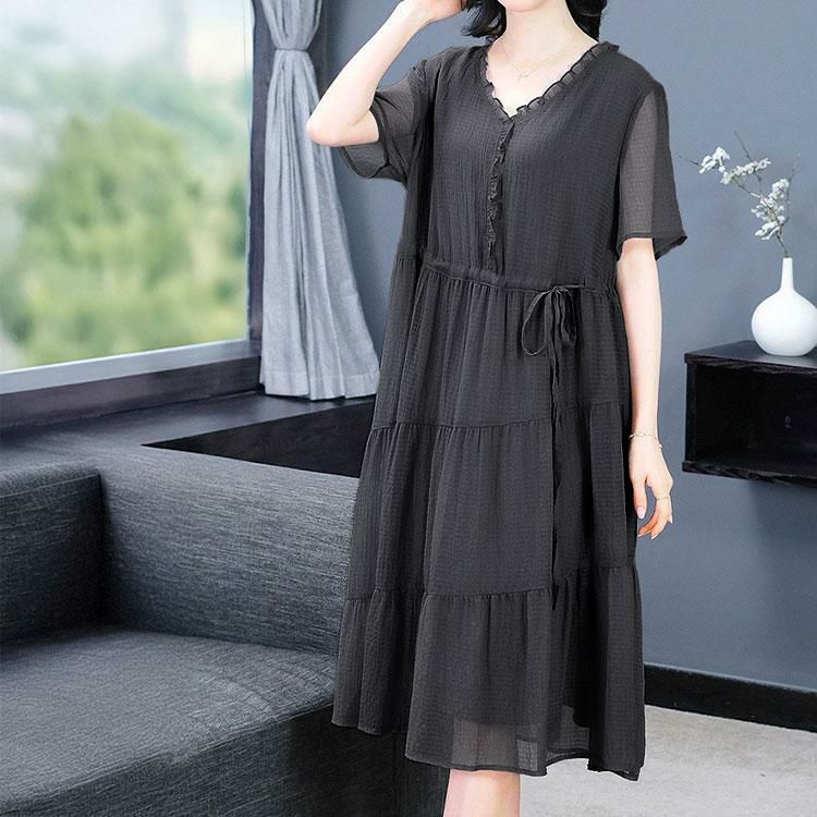 大きいサイズ レディース ウエストリボンシフォンティアードワンピース　goldy-1723【メール便可】 ブラック