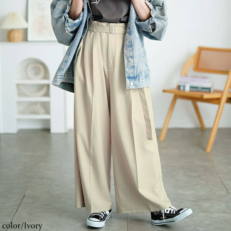 大きいサイズ レディース ベルト付きセンターシームタックワイドパンツ　tana-ww650037