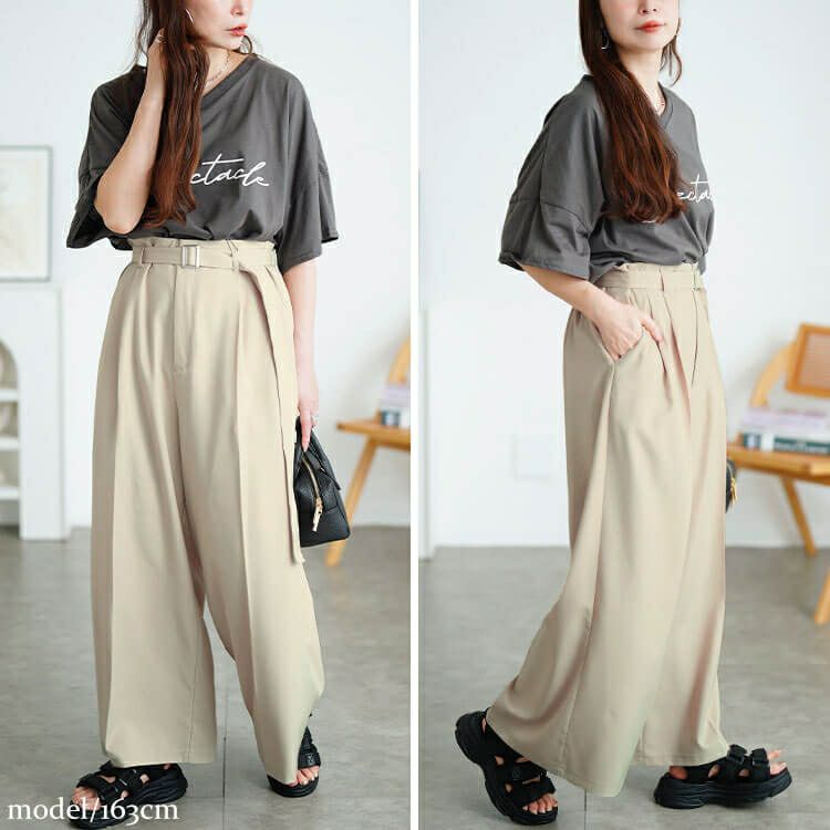 大きいサイズ レディース ベルト付きセンターシームタックワイドパンツ　tana-ww650037