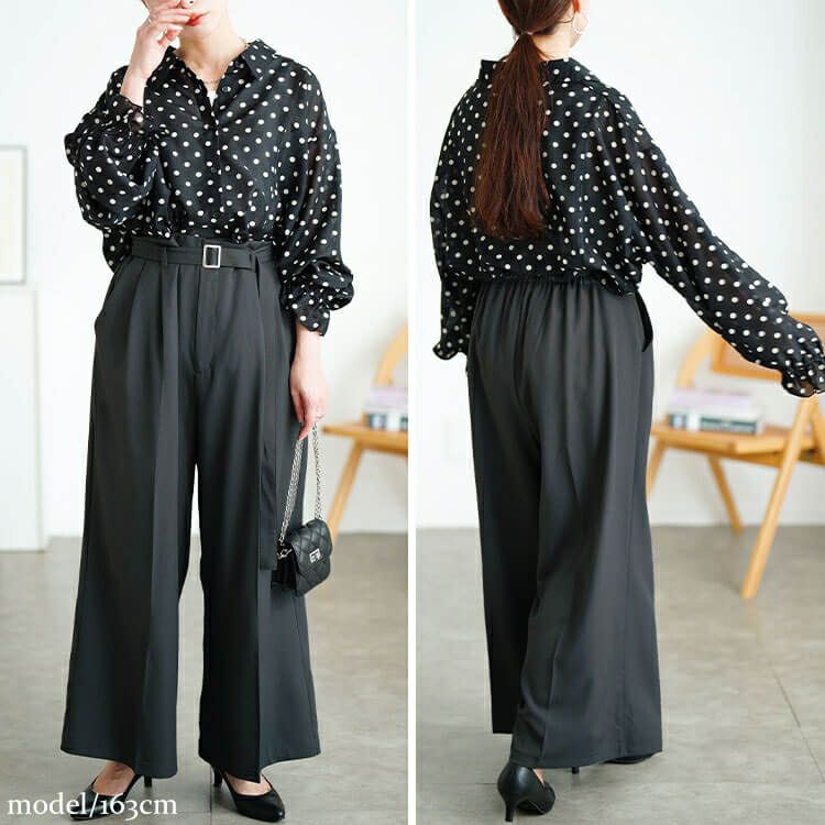 大きいサイズ レディース ベルト付きセンターシームタックワイドパンツ　tana-ww650037