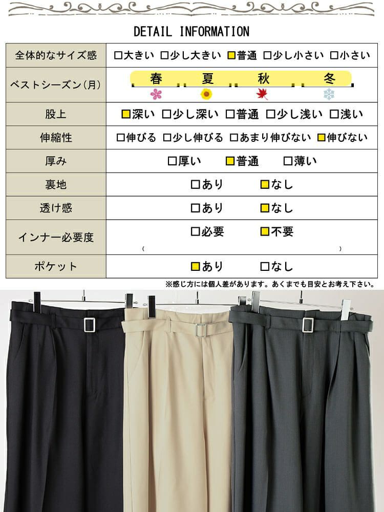 大きいサイズ レディース ベルト付きセンターシームタックワイドパンツ　tana-ww650037