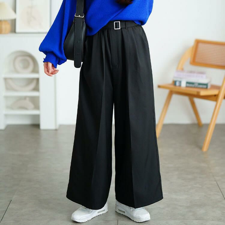 大きいサイズ レディース ベルト付きセンターシームタックワイドパンツ　tana-ww650037 ブラック