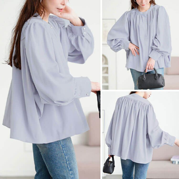 大きいサイズ レディース パールボタンバンドカラーギャザーブラウス　tana-ww650036