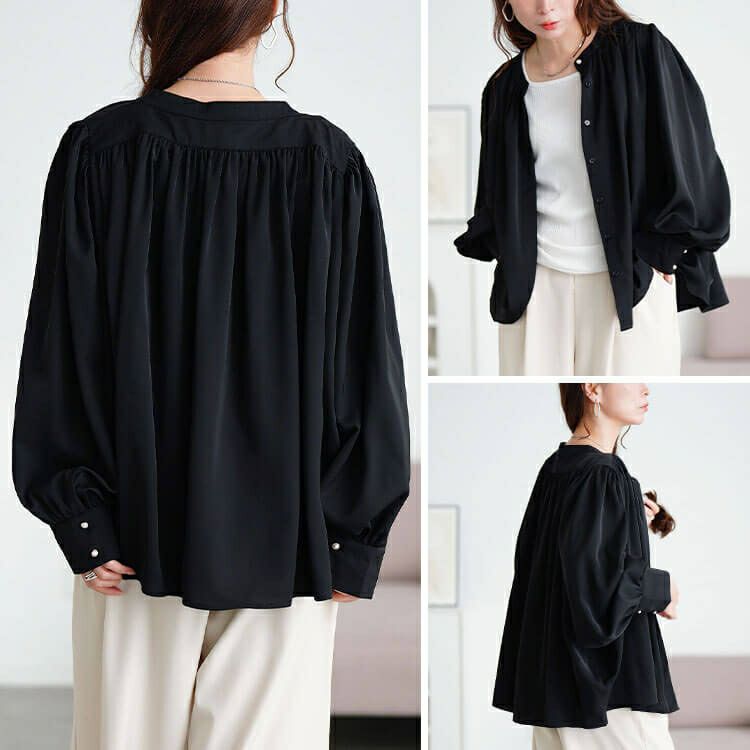 大きいサイズ レディース パールボタンバンドカラーギャザーブラウス　tana-ww650036
