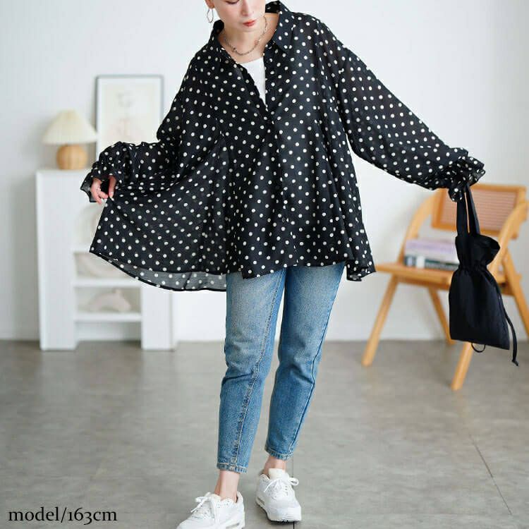 大きいサイズ レディース ドットキャンディスリーブフレアシャツ　tana-ww650035 【メール便可】