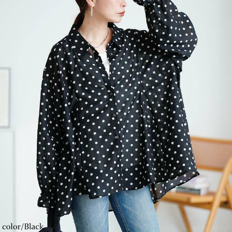 大きいサイズ レディース ドットキャンディスリーブフレアシャツ　tana-ww650035 【メール便可】 ブラック