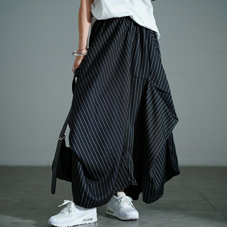 大きいサイズ レディース ストライプランダムタック変形スカート　nw-25036