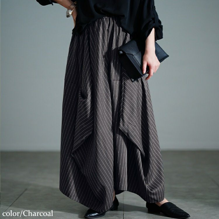 大きいサイズ レディース ストライプランダムタック変形スカート　nw-25036