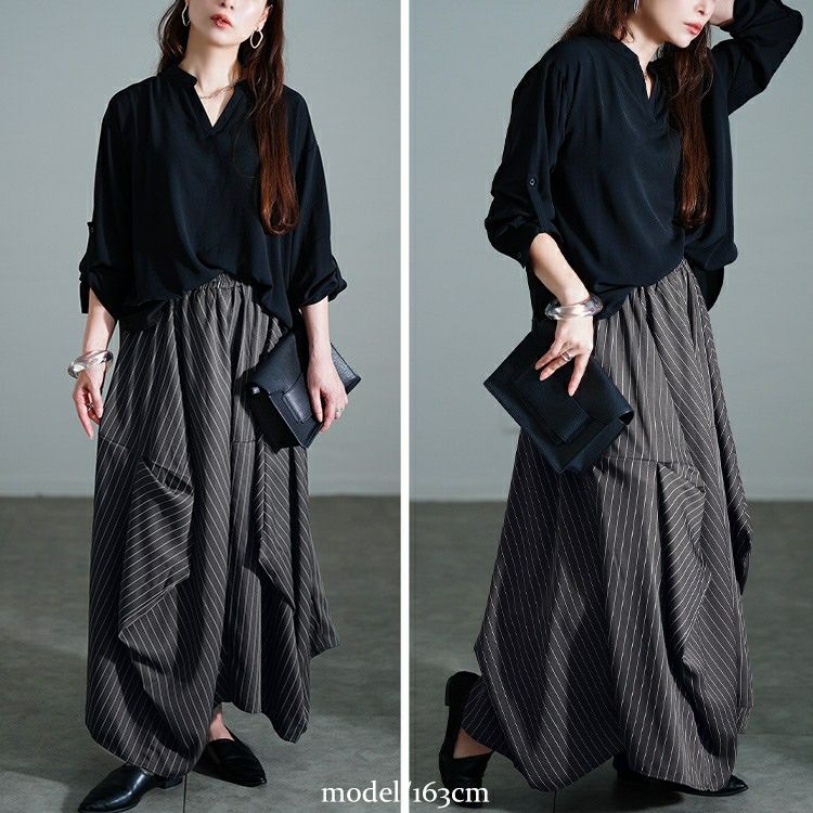 大きいサイズ レディース ストライプランダムタック変形スカート　nw-25036