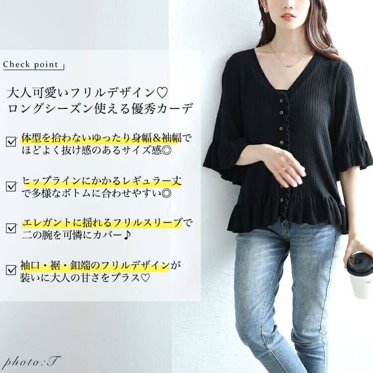 大きいサイズ レディース フリル使いリブニットカーディガン　sum-0032