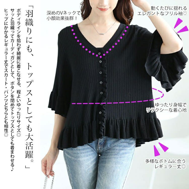 大きいサイズ レディース フリル使いリブニットカーディガン　sum-0032