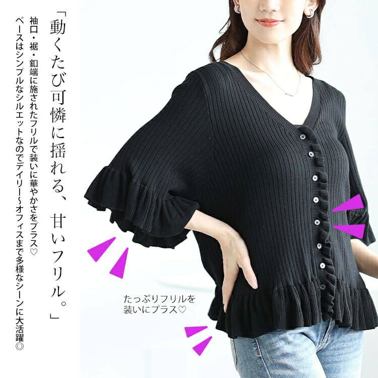 大きいサイズ レディース フリル使いリブニットカーディガン　sum-0032