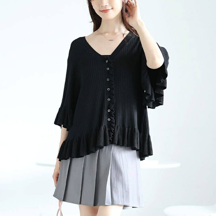 大きいサイズ レディース フリル使いリブニットカーディガン　sum-0032