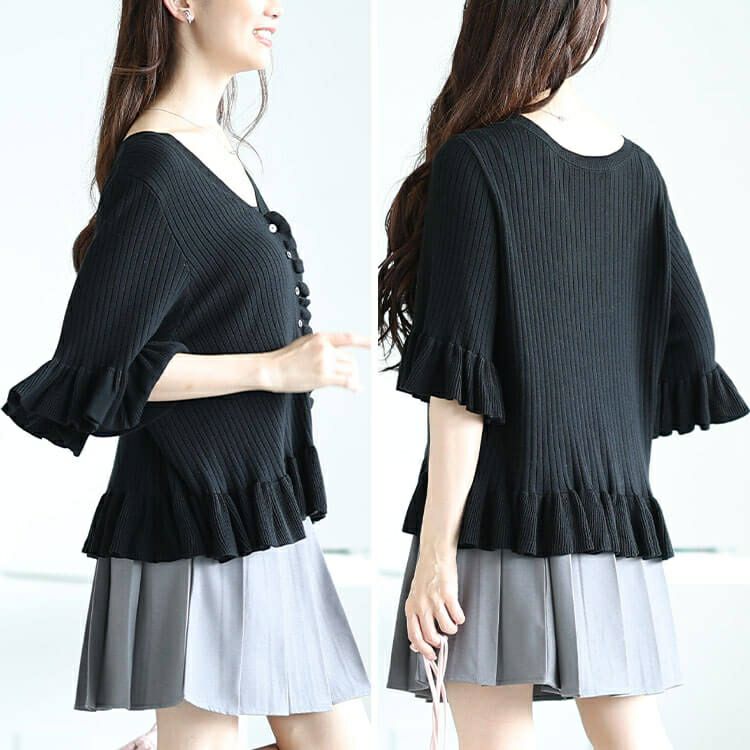 大きいサイズ レディース フリル使いリブニットカーディガン　sum-0032