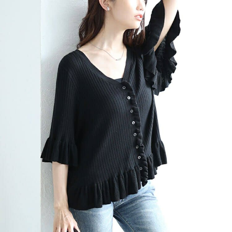 大きいサイズ レディース フリル使いリブニットカーディガン　sum-0032