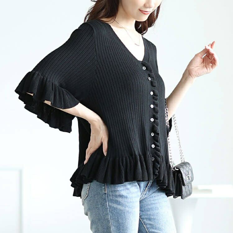 大きいサイズ レディース フリル使いリブニットカーディガン　sum-0032