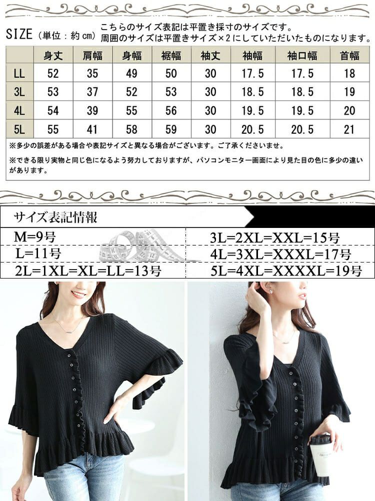 大きいサイズ レディース フリル使いリブニットカーディガン　sum-0032