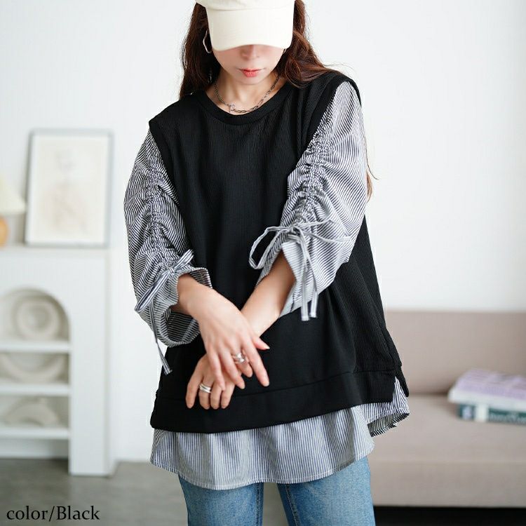 大きいサイズ レディース ドロストスリーブフェイクベストプルオーバー　cast-5556018