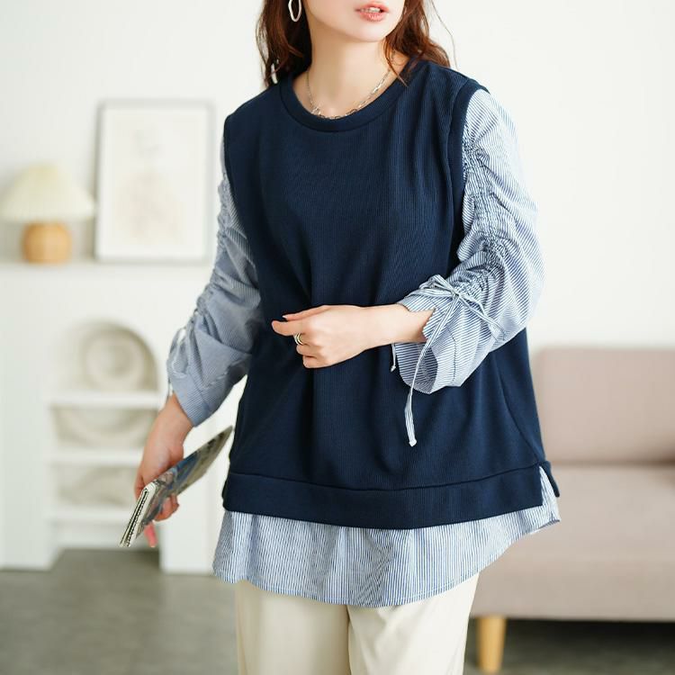 大きいサイズ レディース ドロストスリーブフェイクベストプルオーバー　cast-5556018 ネイビー