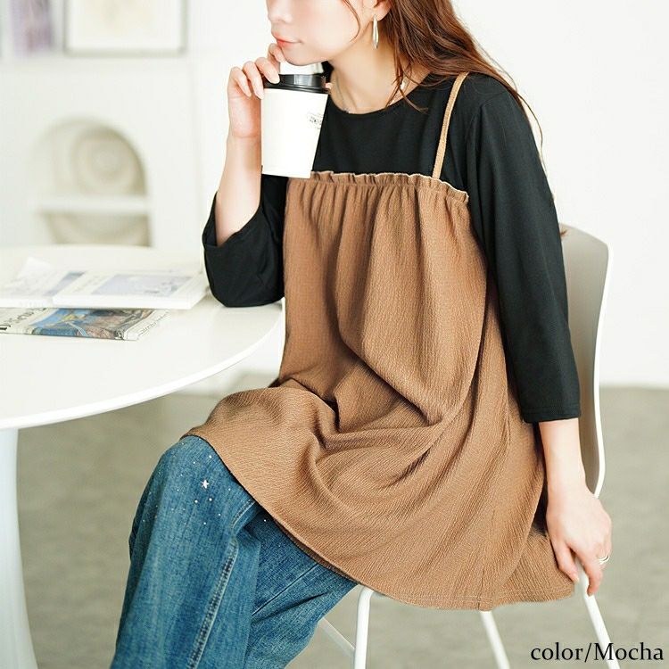 大きいサイズ レディース フェイクレイヤード楊柳キャミチュニック　cast-5556014 【メール便可】