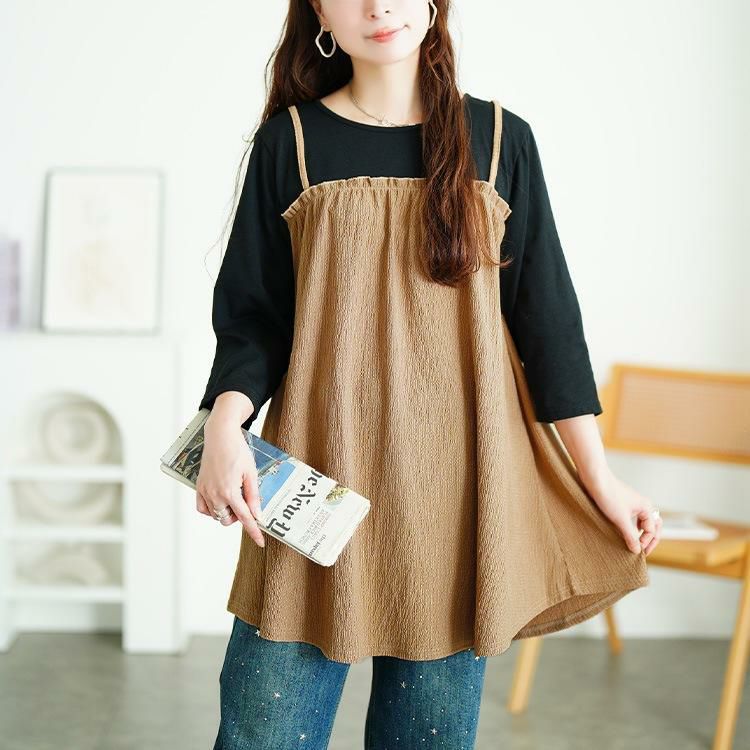 大きいサイズ レディース フェイクレイヤード楊柳キャミチュニック　cast-5556014 【メール便可】 モカ