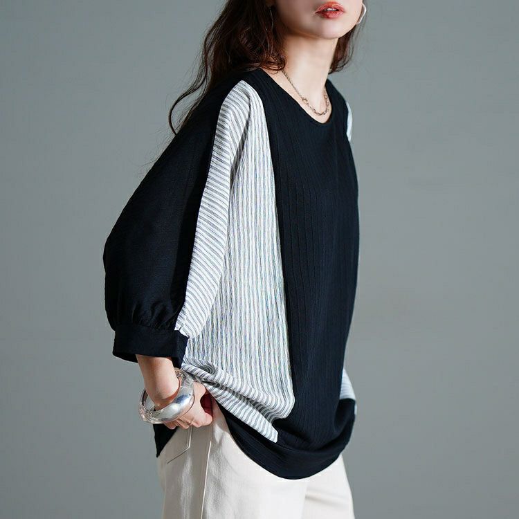 大きいサイズ レディース ストライプ異素材切り替えドルマンプルオーバー　cast-5556012 【メール便可】