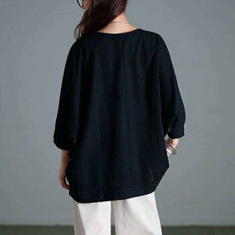 大きいサイズ レディース ストライプ異素材切り替えドルマンプルオーバー　cast-5556012 【メール便可】