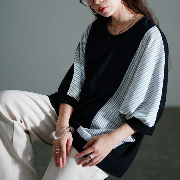 大きいサイズ レディース ストライプ異素材切り替えドルマンプルオーバー　cast-5556012 【メール便可】