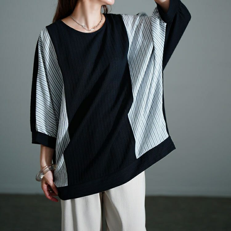 大きいサイズ レディース ストライプ異素材切り替えドルマンプルオーバー　cast-5556012 【メール便可】