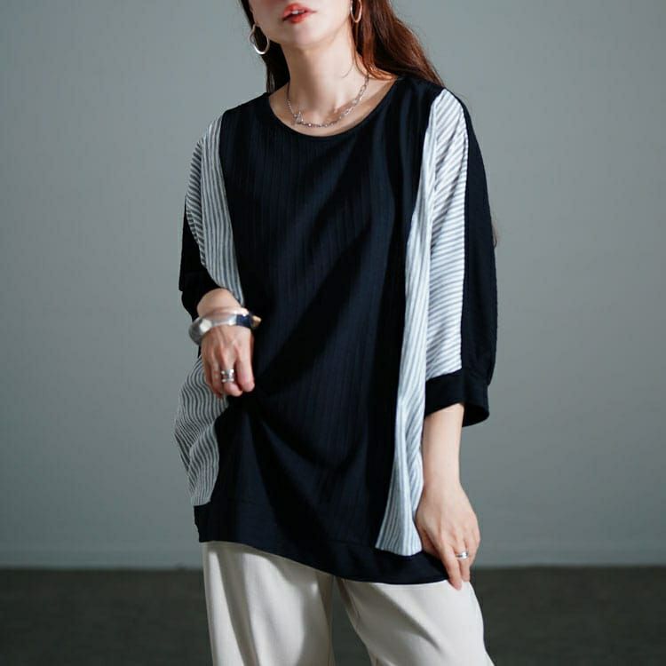 大きいサイズ レディース ストライプ異素材切り替えドルマンプルオーバー　cast-5556012 【メール便可】