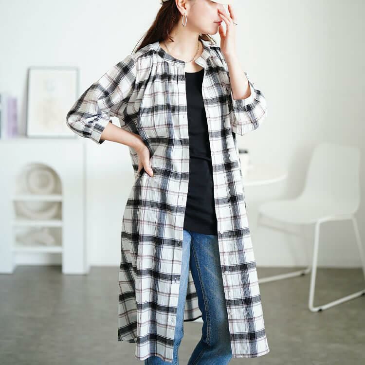 大きいサイズ レディース ワンポイント刺繍チェックシャツワンピース　cpdai-640953 ブラック