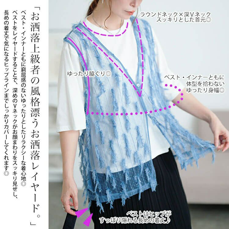大きいサイズ レディース フリンジベスト＆Tシャツ2点セット　cpdai-647133 【メール便可】