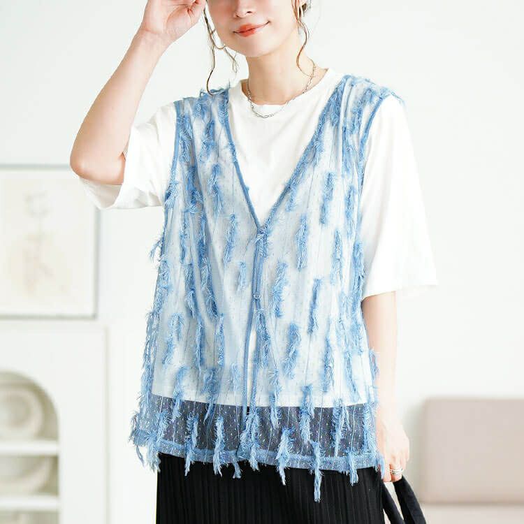 大きいサイズ レディース フリンジベスト＆Tシャツ2点セット　cpdai-647133 【メール便可】
