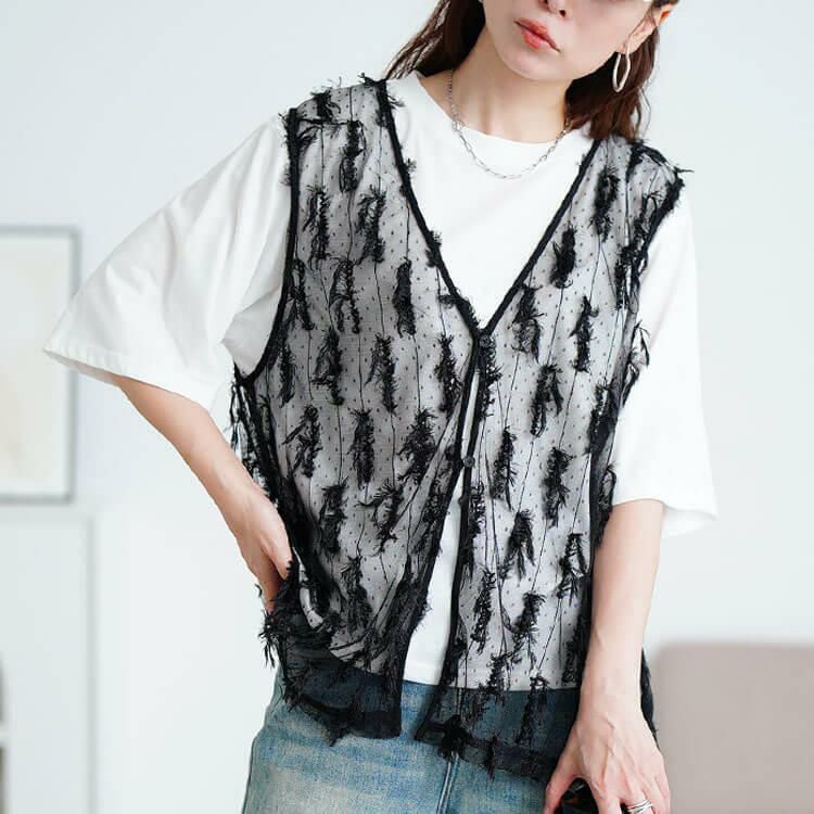 大きいサイズ レディース フリンジベスト＆Tシャツ2点セット　cpdai-647133 【メール便可】 ブラック